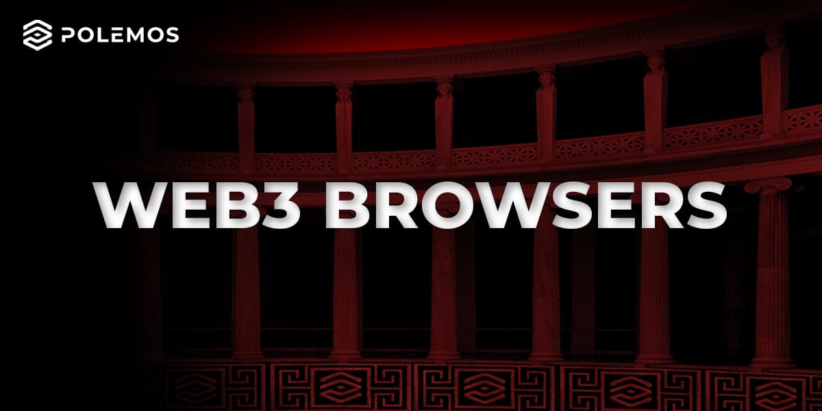Polemos header banner with white text "web3 browsers" and white brand logo
