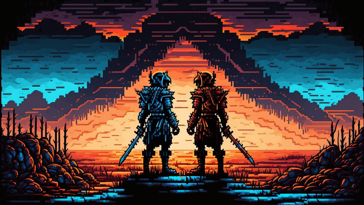 a pixel art of two men in armor with swords