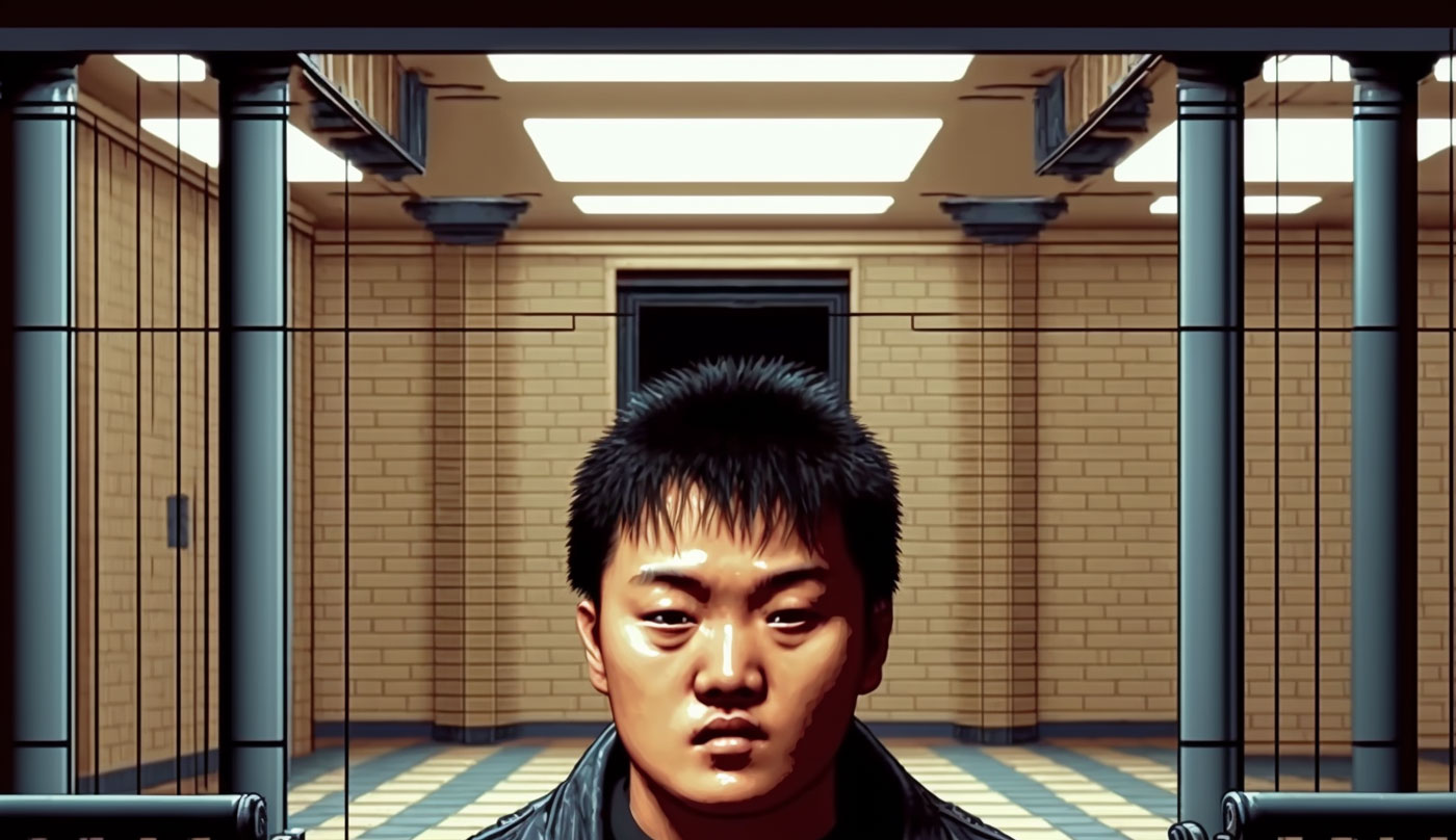 a man in a room with a brick wall and a door