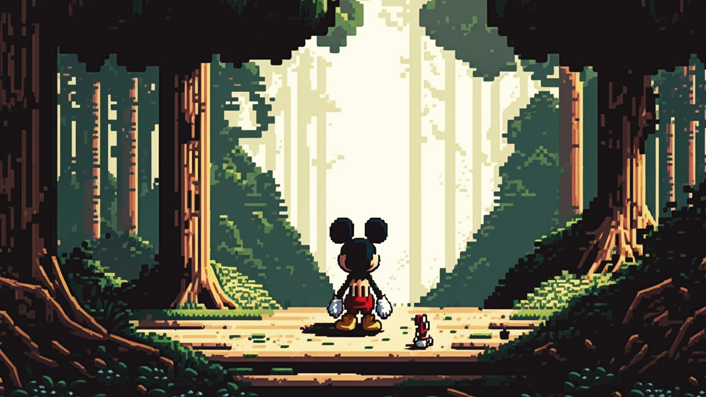 a cartoon character in a forest