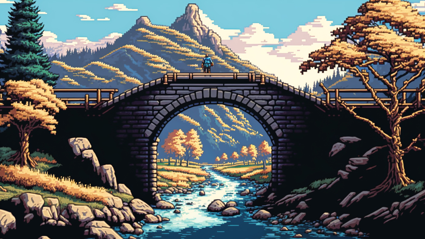 a bridge over a river with a man standing on it