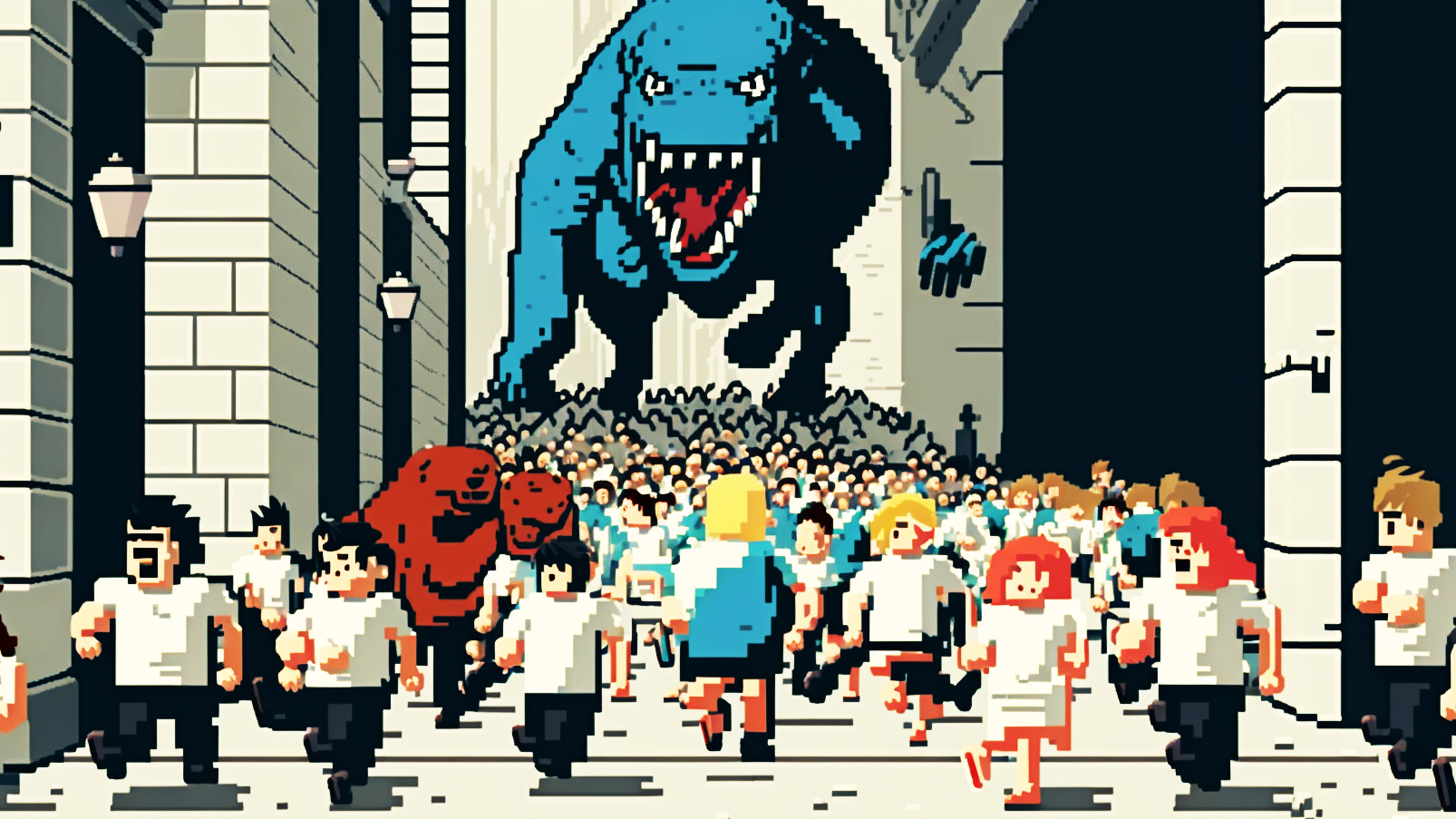 a group of kids running in a street with a cartoon dinosaur