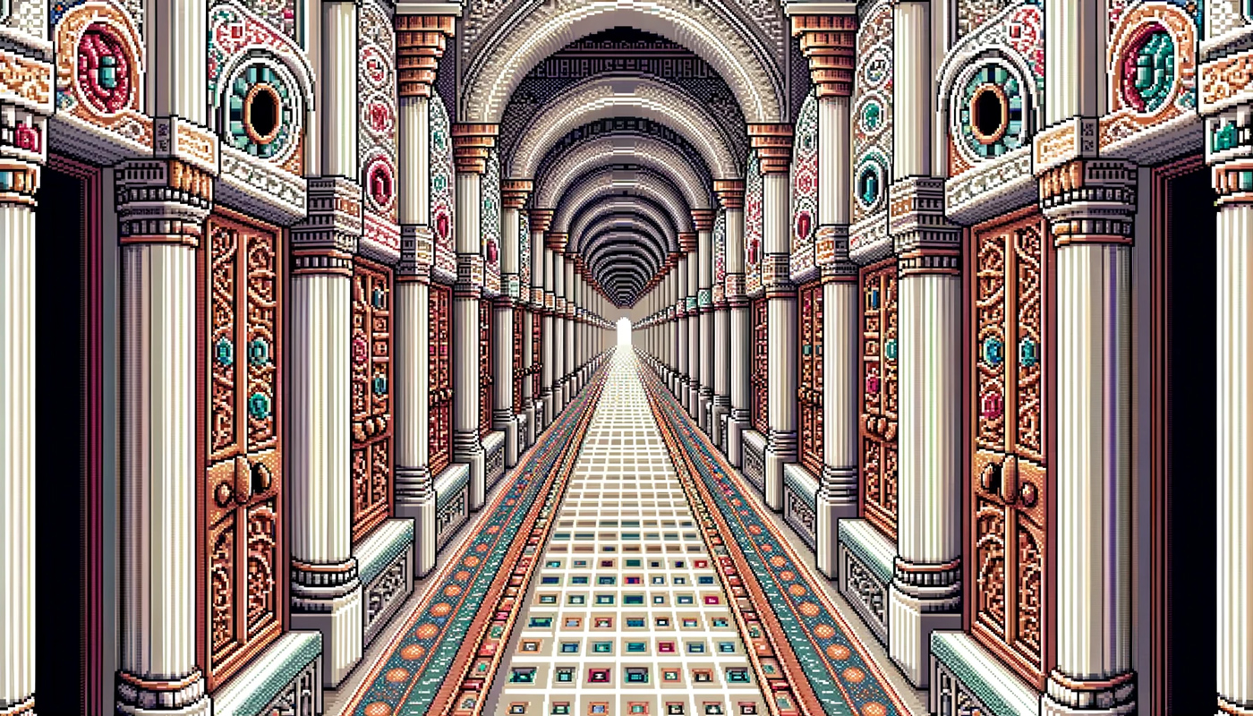 a long hallway with arches and a carpet