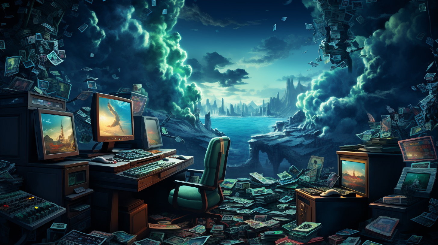 a computer desk with a lot of money in front of a cliff