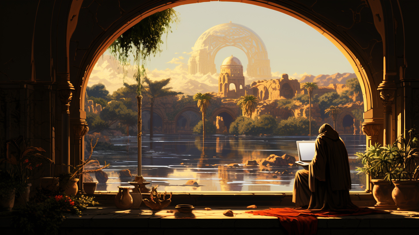 Scribe looking into a mirror of a fantastic world