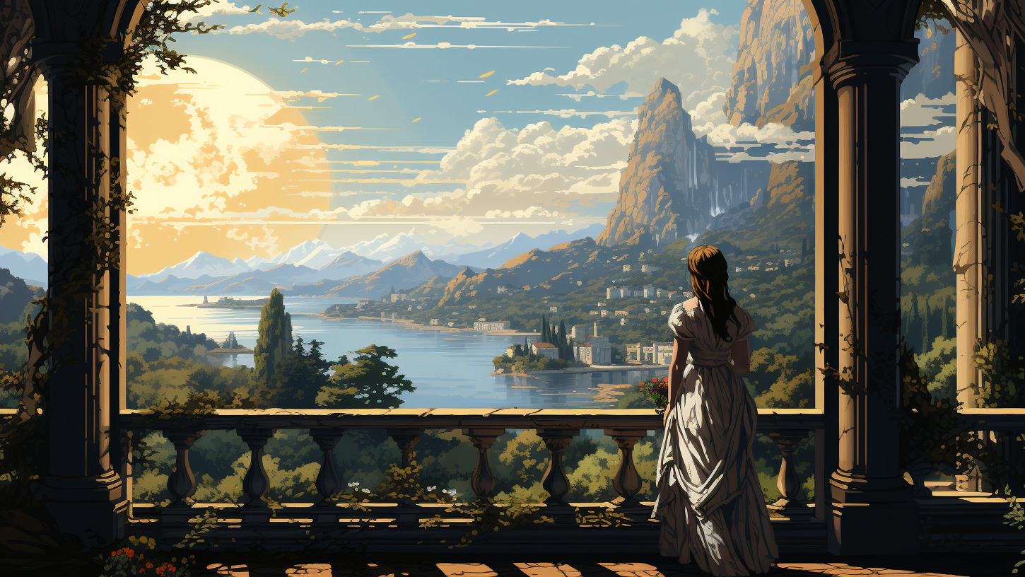 a woman standing on a balcony overlooking a lake