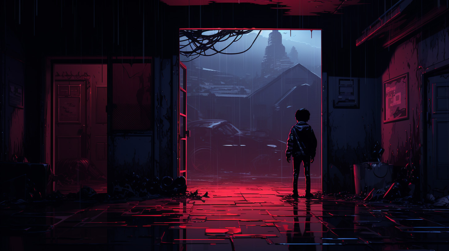 a boy standing in a doorway looking out of a building