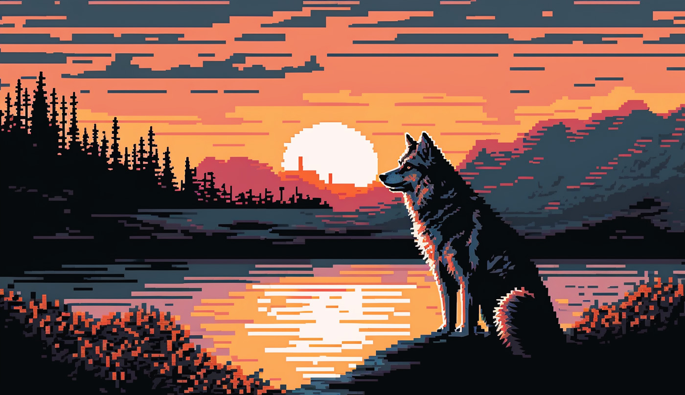 a dog sitting on a rock by a lake