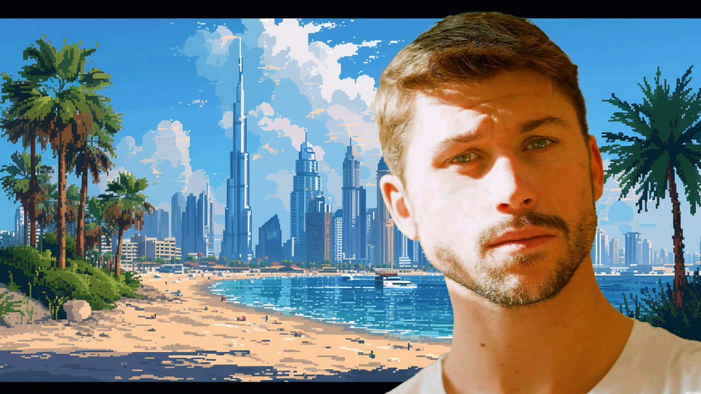 a man with a beach and cityscape