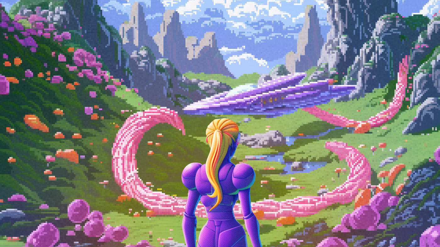 a video game screen with a woman in a purple suit